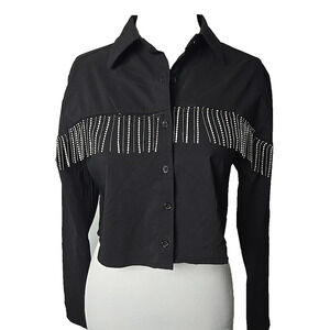 ANWND 1967 Black Cropped Rhinestone Fringe Button Front Top Medium Cowgirl Rodeo